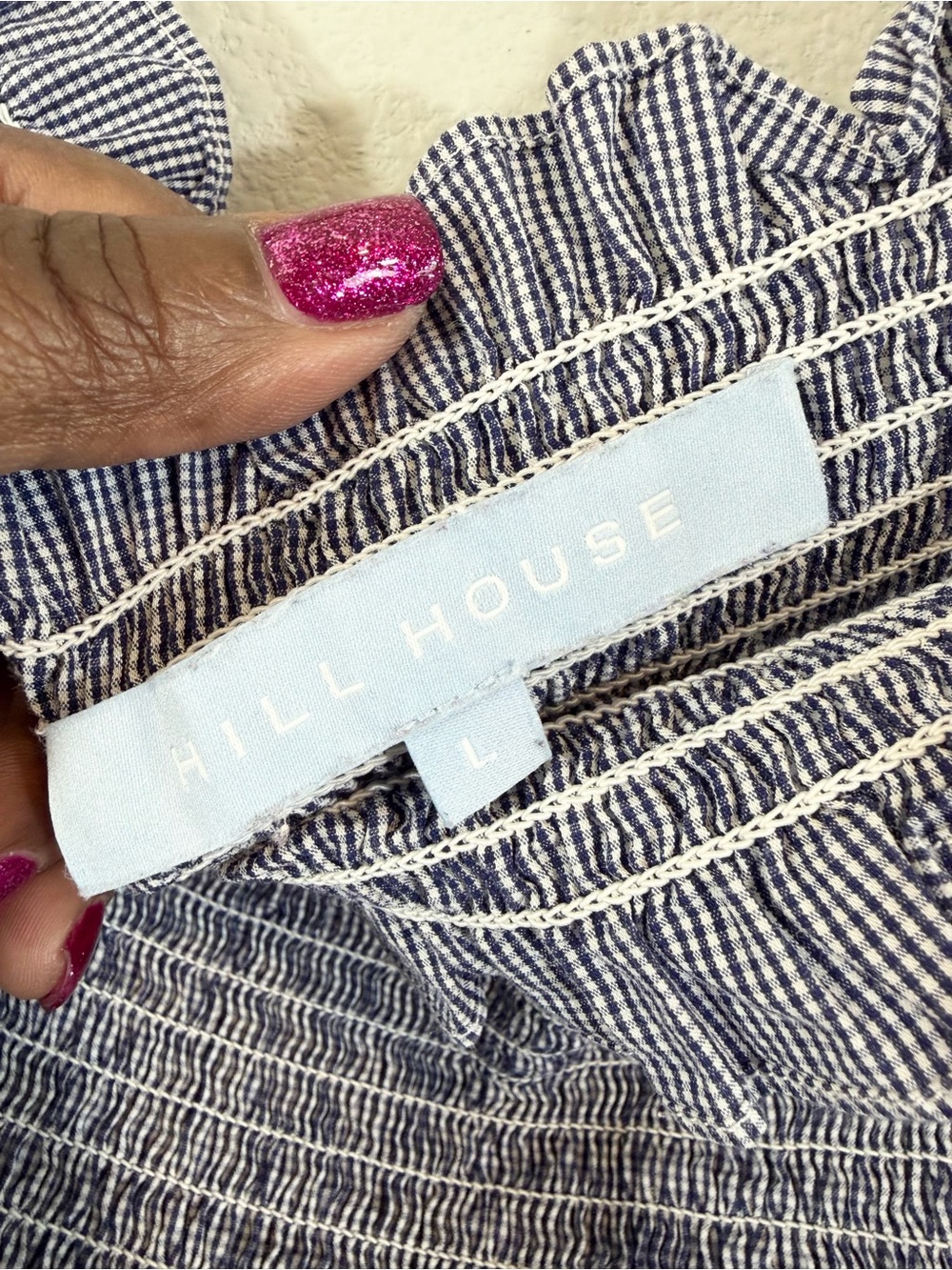 Hill House Nesli Nap Dress Size L Blue White Gingham Tiered Midi Puff Sleeve - Picture 8 of 10